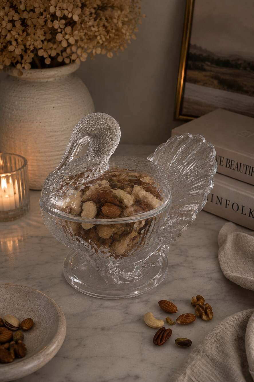 Vintage L E Smith Clear Glass Turkey Shaped Candy Dish